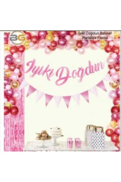 MFM Party Happy Birthday Pink Banner με γράμματα και μεταλλικό σημαιάκι
