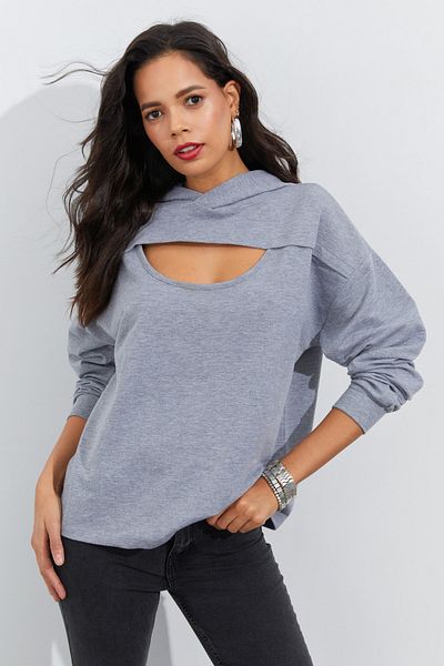 Cool & Sexy Dámská šedá mikina s kapucí a okénkem na přední straně Yİ2486