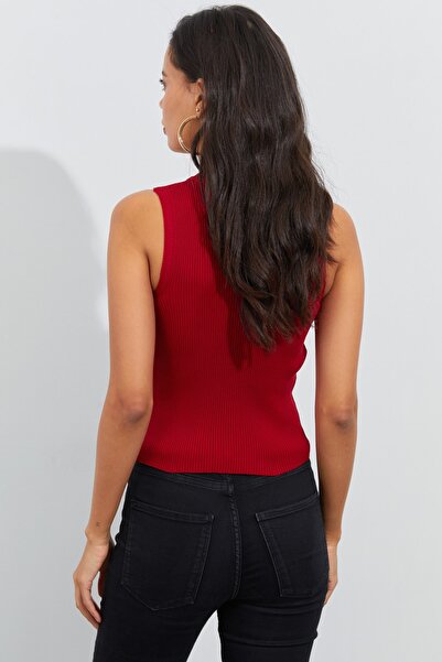 Cool & Sexy Kadın Kırmızı Bisiklet Yaka Triko Bluz YV91