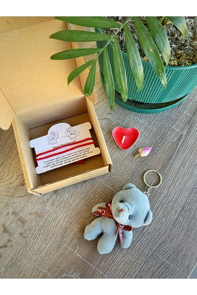 Atölye Merdiven Valentine's Day Gift Set Teddy Bear Keychain and Bracelet Set Red String of Destiny