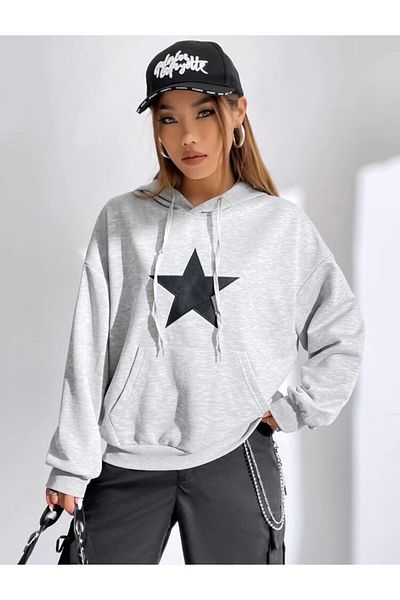 Josette Φούτερ με κουκούλα Unisex Grey Star με στάμπα