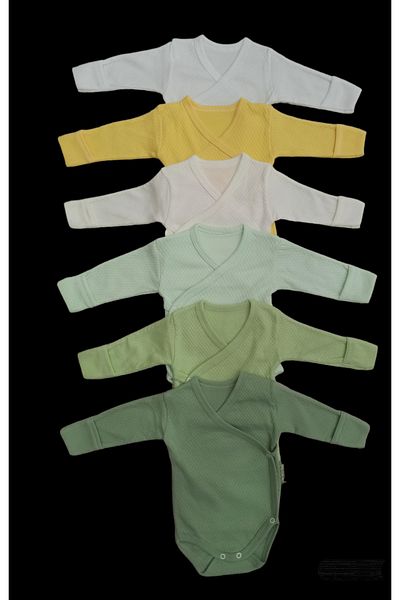 özdemirli bebe Long Sleeve Self Gloves, Double Breasted Badi with Snaps (Pack of 6) White-yellow-cream-watergreen-teal-mold