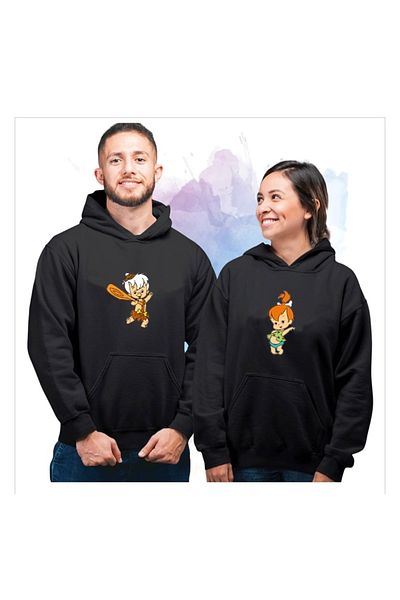BYMEER Dear Couple Black Duo Bambam Rubble And Gravel Flint Printed Hoodie Oversize Sweatshirt
