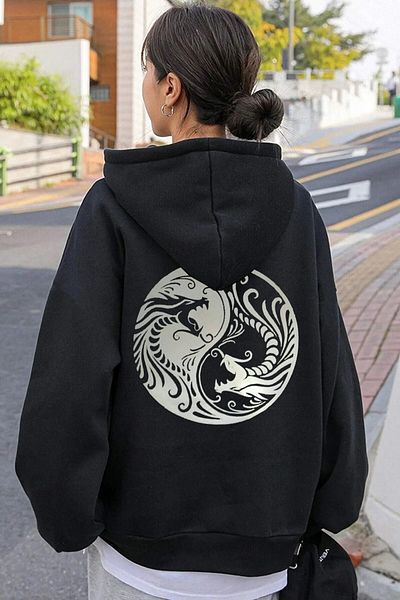 mw memowear Unisex 2ip πλεκτό ύφασμα Ying Yang Dragon Reflector Print Oversize Ζακέτα