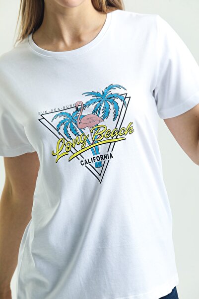 Hukateks تي شيرت أبيض مطبوع بأكمام قصيرة مصنوع من القطن بنسبة 100%