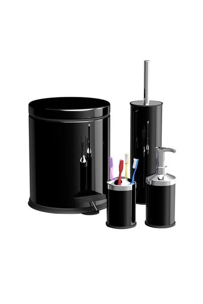 Zethome Set de baie cvadruplu negru (GĂTĂ DE DEȘEURI-PERIE-SAPUNĂ-SUport pentru periuță de dinți)