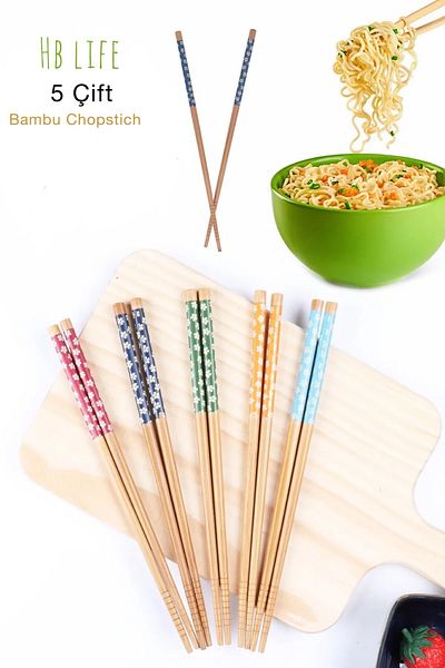 HB LİFE 5 Pairs Patterned Washable Korean Chinese Bamboo Chopsticks Chopsticks| Patterned Bamboo