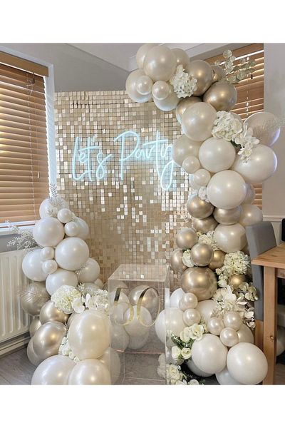 Çemrek Süs Parti Sea Sand White Gold Chrome Balloon Promise Engagement Background Balloon Chain Set 100 Balloon and Chain