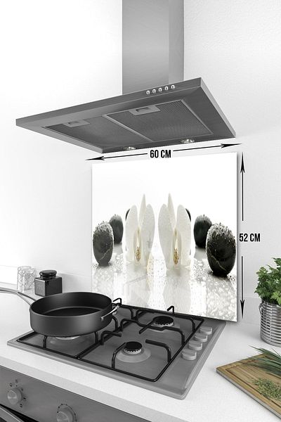 Decorita Protector de spate pentru aragaz din sticla |   Orhidee albă Onix negru |   52 cm X 60 cm