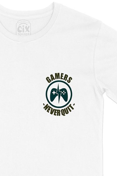 Cix Tricou alb Green Gamers Never Quit cu design de logo de buzunar