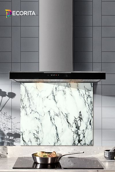 Decorita Protector de spate pentru aragaz din sticla |   Aspect de marmură albă |   52 cm X 60 cm