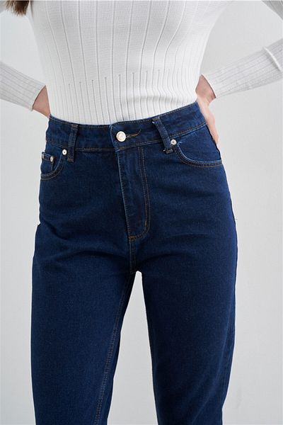 Trn JNS High Waist Dark Blue Navy Blue Mom Lycra Colorfast Dark Blue Extra Comfortable Mom Jeans