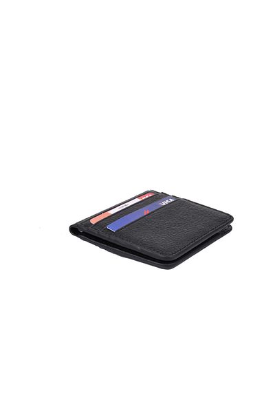 Eminsa Unisex Black Plain Leather Card Holder Wallet with Snap Fasteners
