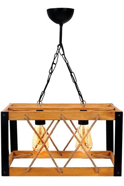 GDE Tasarım Ikili Kafes Avize, Ahşap Gövdeli, Metal Detaylı, Halat Örgülü