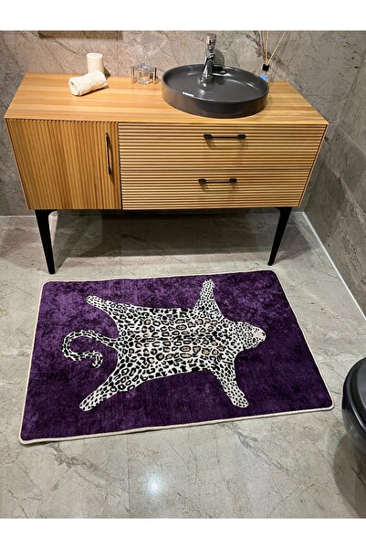 Brillant Leopar Desen Yıkanabilir 60x100 Tekli Banyo Paspası - Mor