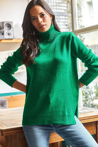 Olalook Pulover de damă, verde smarald, cu gât țesut cu deschidere laterală, tricotaj cu textura moale KZK-19000566