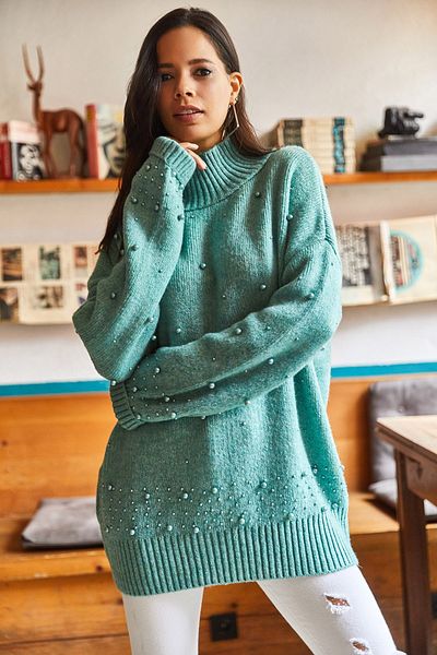 Olalook Women's Mint Green Bead Garnished Soft Textured Oversize Knitwear Sweater KZK-19000568