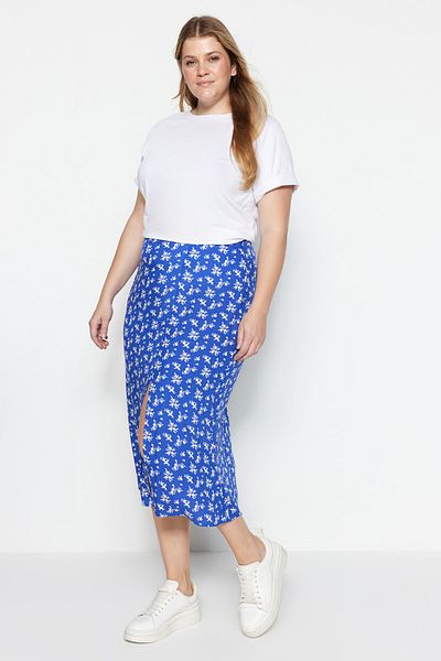 Trendyol Curve Fusta midi din viscoză albastră cu modele florale - cu fante și fără căptușeală TBBAW23AZ00032
