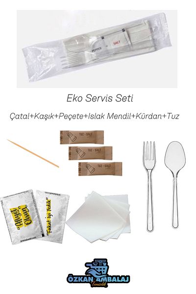 Özkan Ambalaj Temizlik 100Pcs Eco Ready Packed Restaurant Restaurant Fork Spoon Wet Wipes Salt Toothpick Napkin Set
