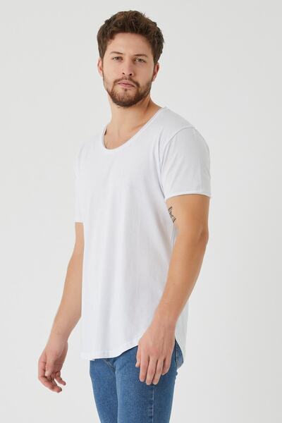 Tarz Cool Men's White Oval Skirt Wide Collar 100% Cotton Short Sleeve T-Shirt