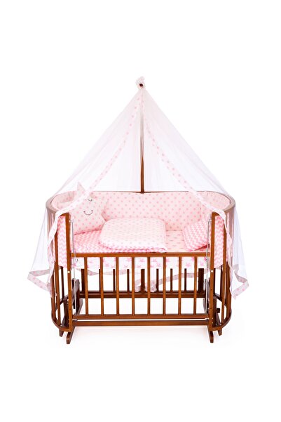 Bamgidoo Ahşap Beşik Anne Yanı Beşik Ceviz 60x120 Pembe Yıldız Uyku Seti Yatak