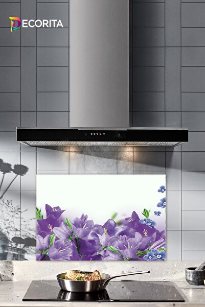 Decorita Cam Ocak Arkası Koruyucu | Mor Çiçek Desenli | 40cm X 60cm