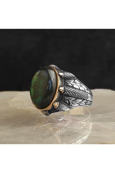 RevSilver 925 Ayar Gümüş Yüzük Doğal Taşlı Labradorit Pietersite Ve Kaplan Gö...