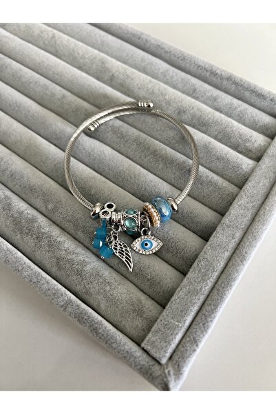 SU PERİSİ TAKI BİJUTERİ سوار من الفولاذ الفضي باللون الأزرق مع تفاصيل العين