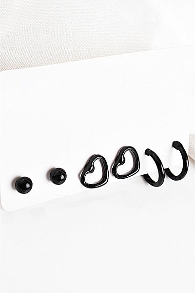 EUROMODA Black Color Earring Set with Heart Design Ball and Hoop Earrings
