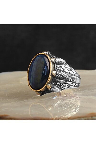 RevSilver 925 Ayar Gümüş Yüzük Doğal Taşlı Labradorit Pietersite Ve Kaplan Gözü Taşı Tırnak Detaylı