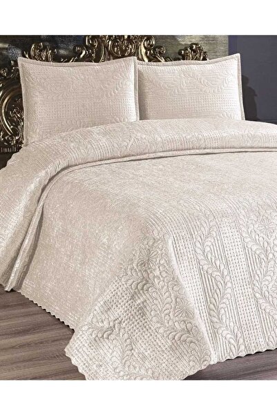 Kadınca Dükkan Çift Kişilik Velür Kadife Yatak Örtüsü Takımı Krem