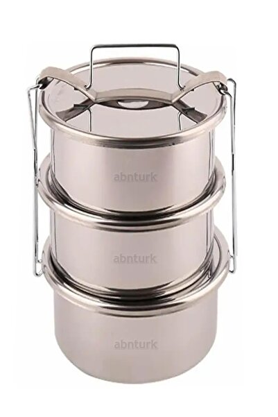 abnturk 16cm Paslanmaz Çelik 4-6 Kişilik Sefer Tası 3 Kap Sefertası Isıtılabilir Özel Kromaj 3 Litre
