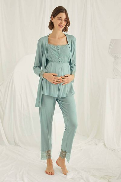 lohusahamile Green Lace Maternity Pajamas Set with Dressing Gown182468