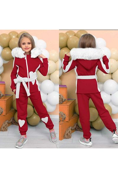 Pink Hippo Kids Girl's Hooded Imported Fur Belted Waist Bottom Top Double Suit Slim Fit