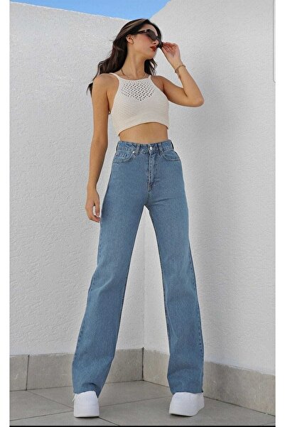 DRC trend Louki's Gold 90's Kadın Mavi Salaş Likralı Süper Yüksek Bel 90's Denim Kot Pantolon
