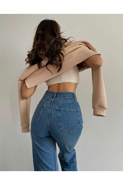 Livik Blugi din denim albastru mediu largi din lycra cu talie super înaltă anii 90 - design confortabil