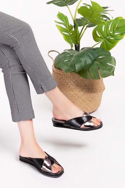 Gondol Papuci de casă eleganti din piele naturală Blc.005 - Negru-platină - 41