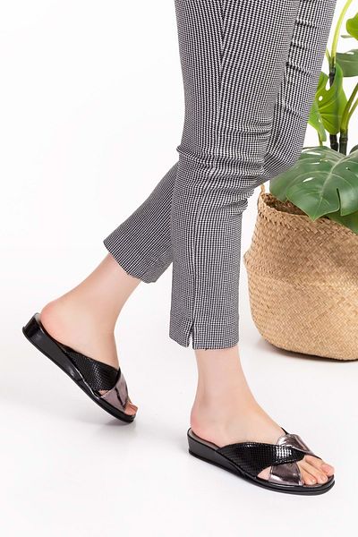 Gondol Papuci de casă eleganti din piele naturală Blc.005 - Negru-platină - 41