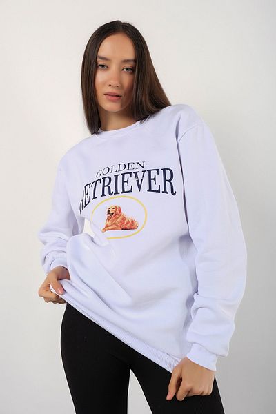 MODAGEN Γυναικείο φούτερ White Golden Retriever με στάμπα με λαιμόκοψη oversize