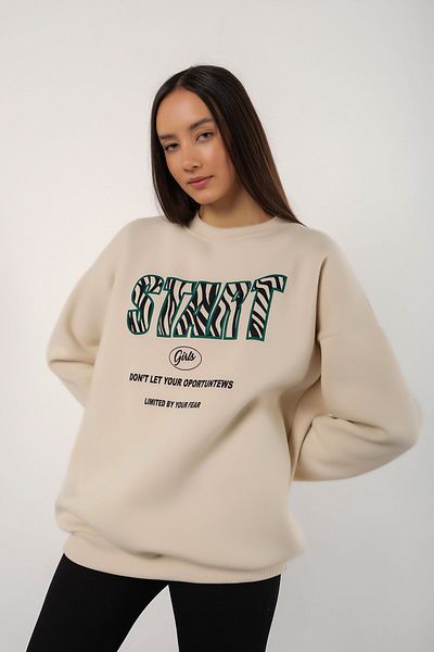 MODAGEN Dámská béžová mikina Crew Neck Start Printed Oversize
