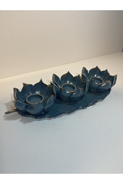 Genel Markalar Dekoratif Polyester Üçlü Mumluk Takımı Turkuaz Gold Eskitme