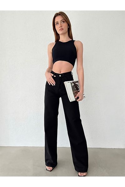 Trn JNS Margosha 90's γυναικείο μαύρο φαρδύ Lycra Super ψηλόμεσο 90's τζιν παντελόνι τζιν