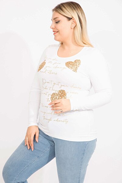 Şans Жіноча великого розміру біла блуза з паєтками та принтом, довгі рукави, еластична тканина 65n35459