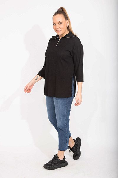 Şans Damen-Tunika, große Größe, Schwarz, entspannter Schnitt, Patchwork, Reißverschluss, Seitenschlitz, 65n35496
