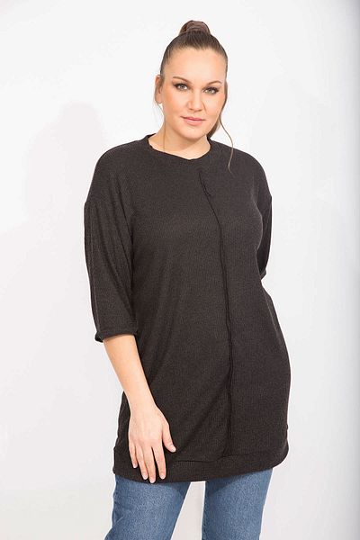 Şans Women's Large Size Black Camisole Fabric Front Stitching Detailed Long Tunic 65n35498