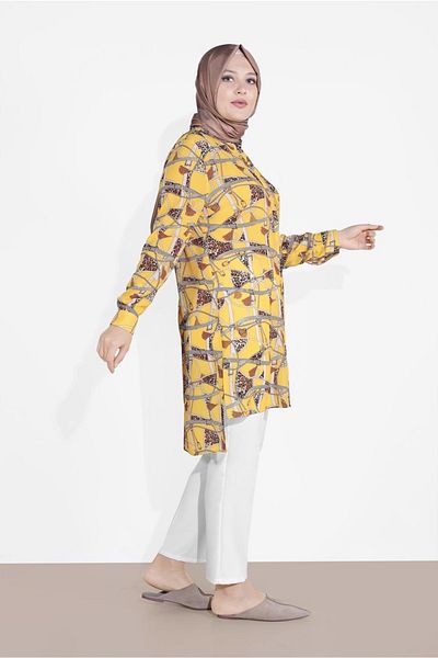 TRENDTESETTÜR Women's Yellow Leopard Patterned Slit Tunic T 2895