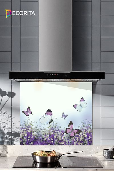 Decorita Protector de spate pentru aragaz din sticla |   Floare Mov Și Fluturi |   52 cm X 60 cm