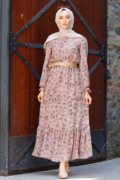 InStyle Φόρεμα Hijab σιφόν με μοτίβο σάλι Straw Belt - Dusty Rose