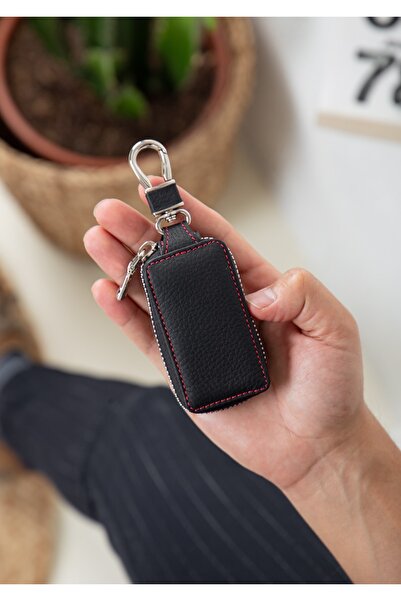 Niki Leather Genuine Leather Black Zippered Hooked Auto And Home Keychain