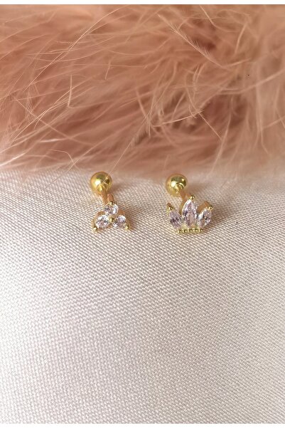 Bylin Helix & Tragus Renkli Ikili 925 Ayar Gümüş Gold Piercing Küpesi Seti (2adet)